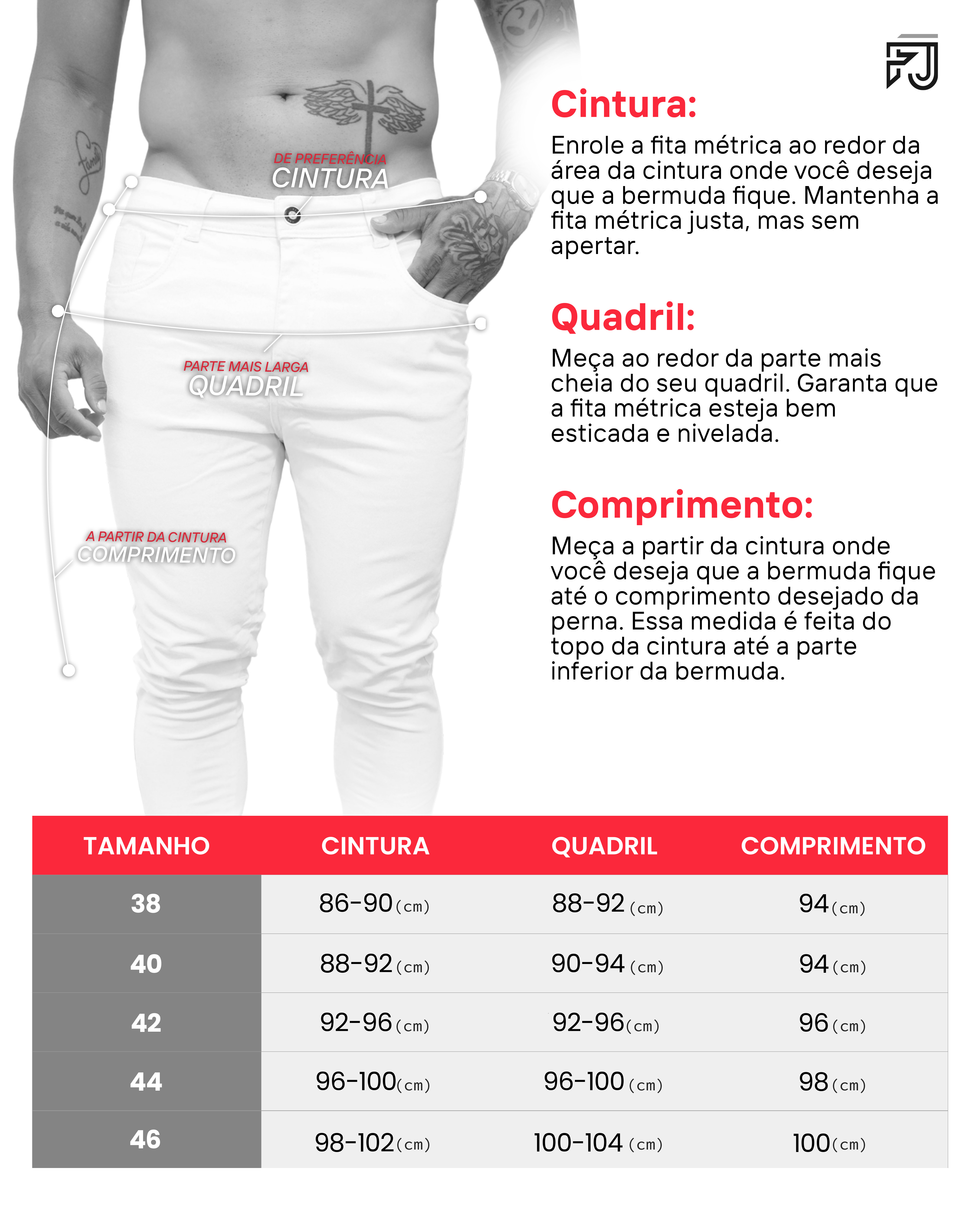 Tabela de medidas shorts sarja